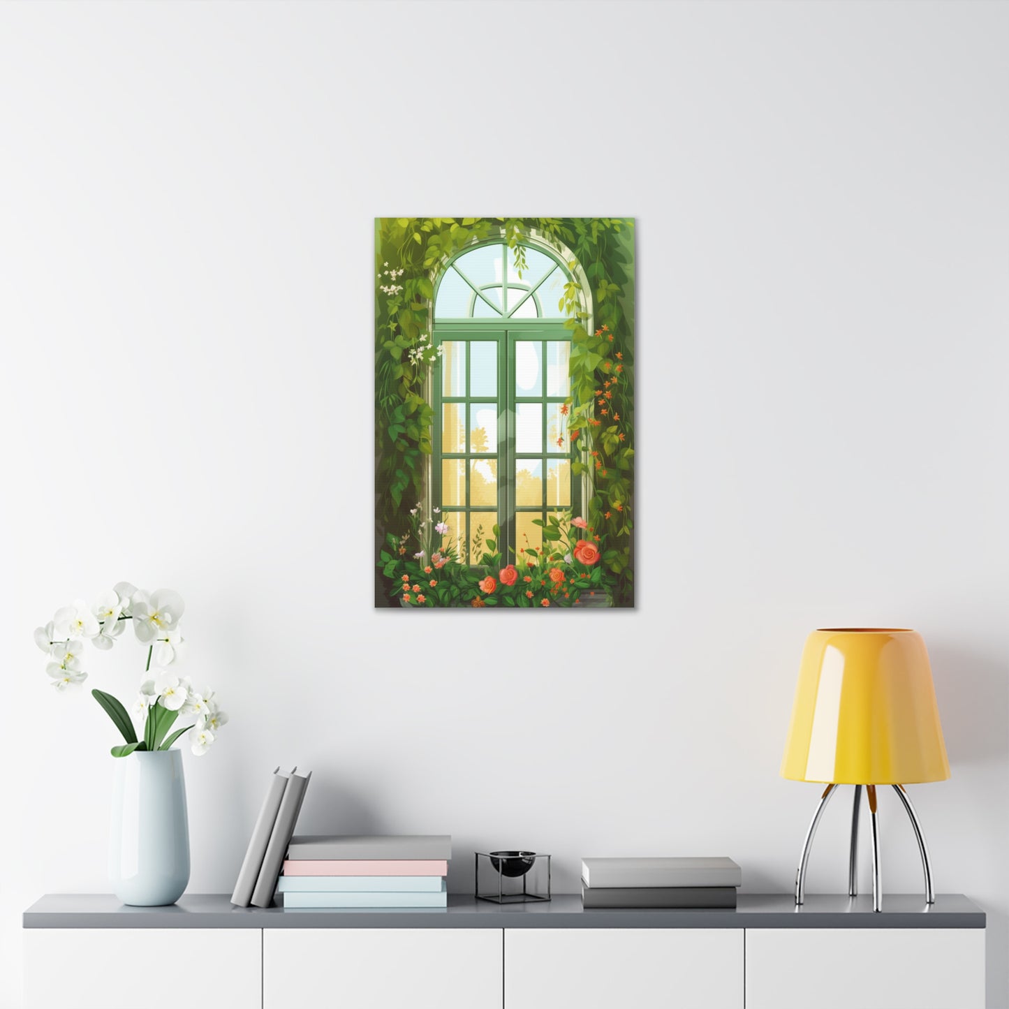 Experience tranquility and care with this beautiful canvas print that brings the serenity of nature into your home. The calming floral window view promotes a sense of peace and relaxation