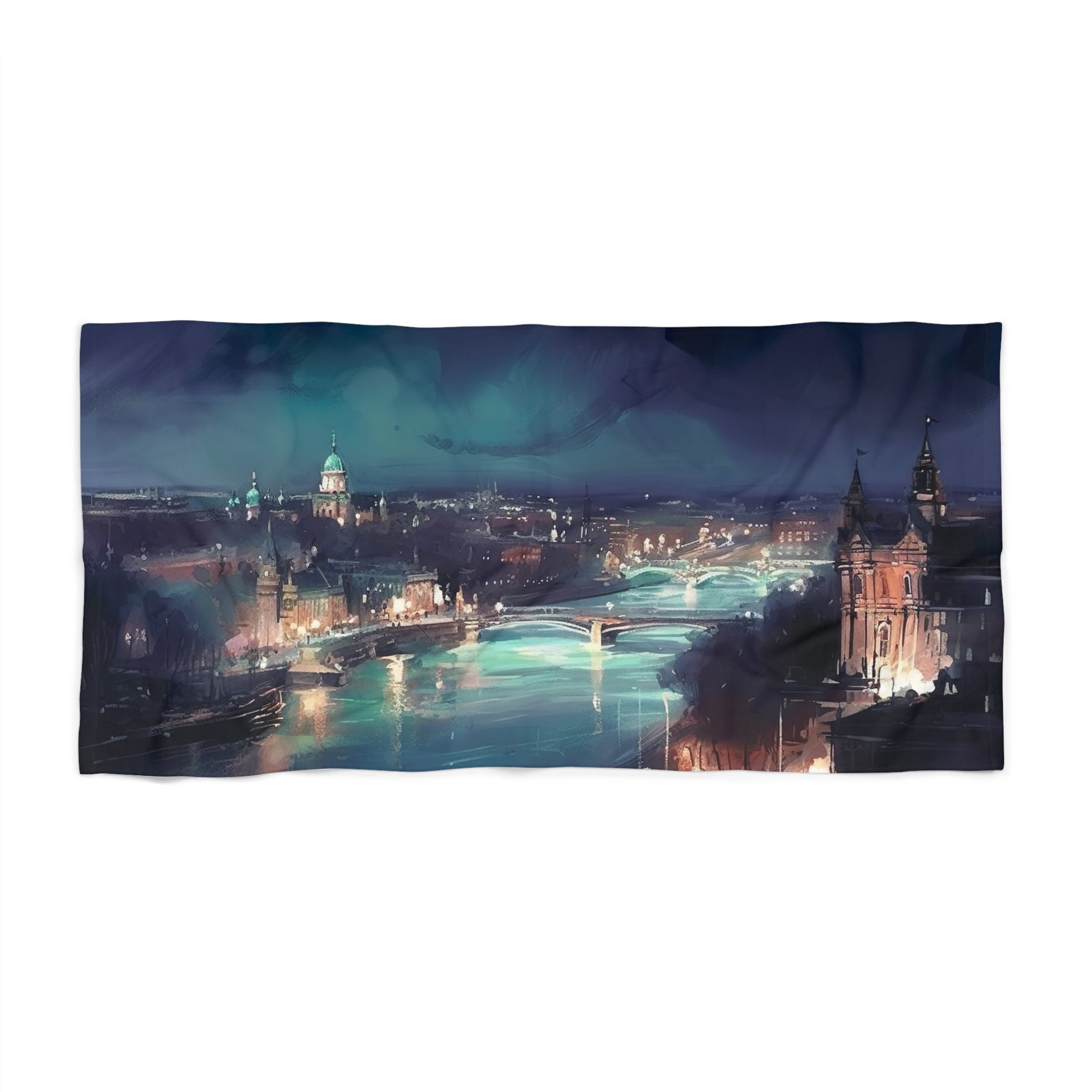 Show off your style at the beach with this London themed beach towel featuring the city's iconic skyline against a starry night backdrop. Perfect for drying off or lounging by the pool