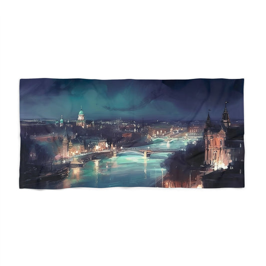 Show off your style at the beach with this London themed beach towel featuring the city's iconic skyline against a starry night backdrop. Perfect for drying off or lounging by the pool