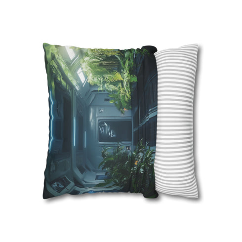 Rainforest Growing on a Space Station — 40×40 Cushion Cover — Sofa & Living Room Lifestyle View