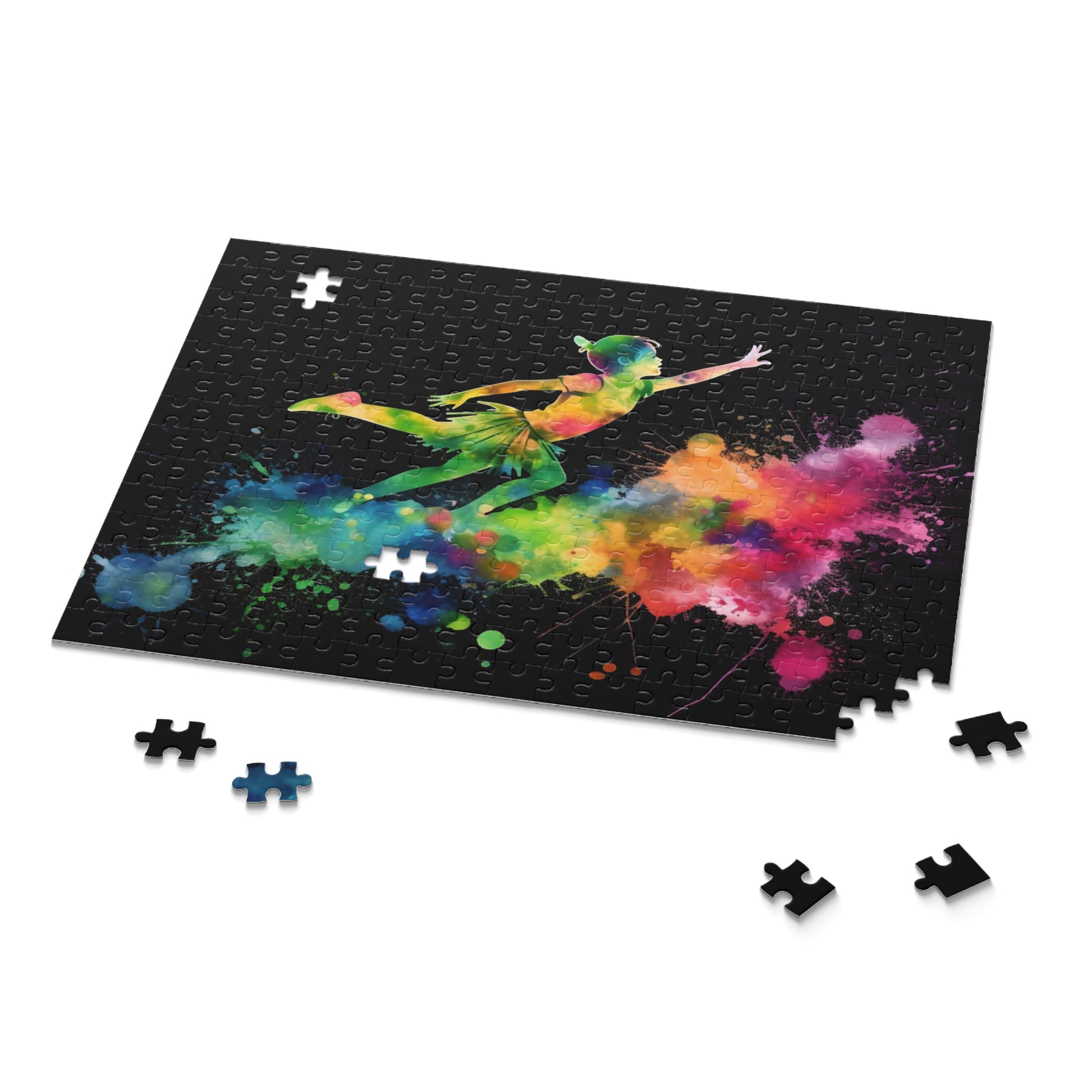 "Peter Pan Watercolor Neon Puzzle - Dive into the magical world of Peter Pan with vibrant neon watercolor colors"