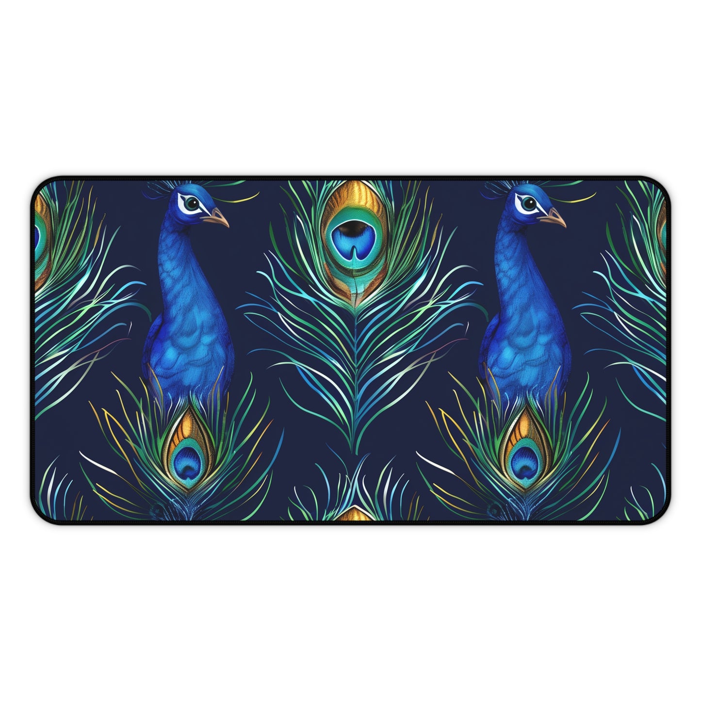 "Vibrant Peacock Feather Blue Desk Mat - Add style to workspace with stunning seamless pattern, shades of blue"