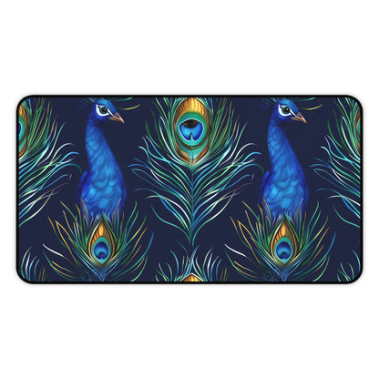 "Vibrant Peacock Feather Blue Desk Mat - Add style to workspace with stunning seamless pattern, shades of blue"