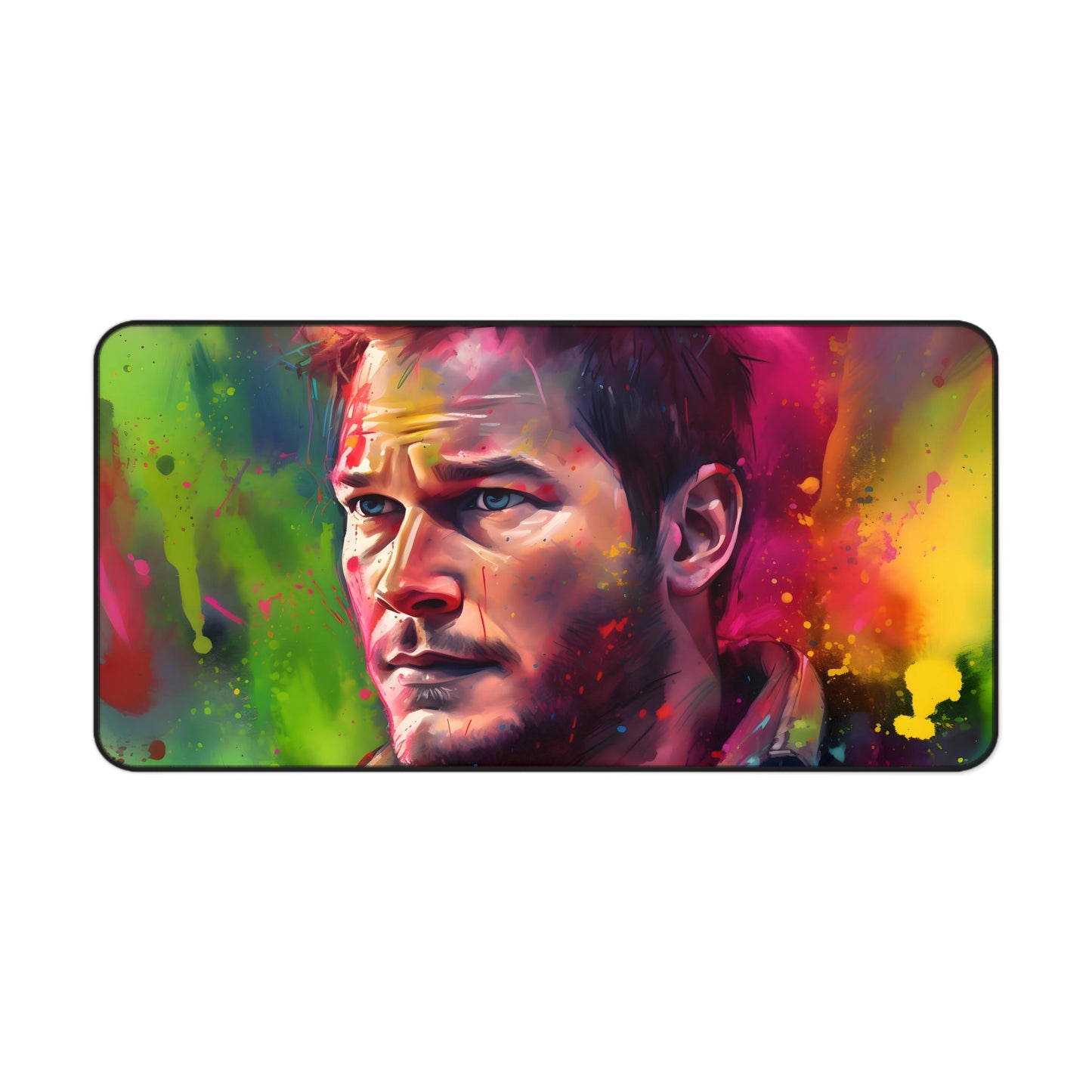 Neon Chris Pratt watercolor desk mat for vibrant workspace personality