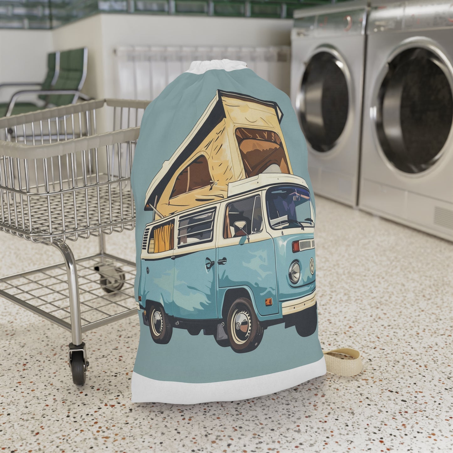 Blue camper van laundry bag - fun retro design for stylish laundry transport.