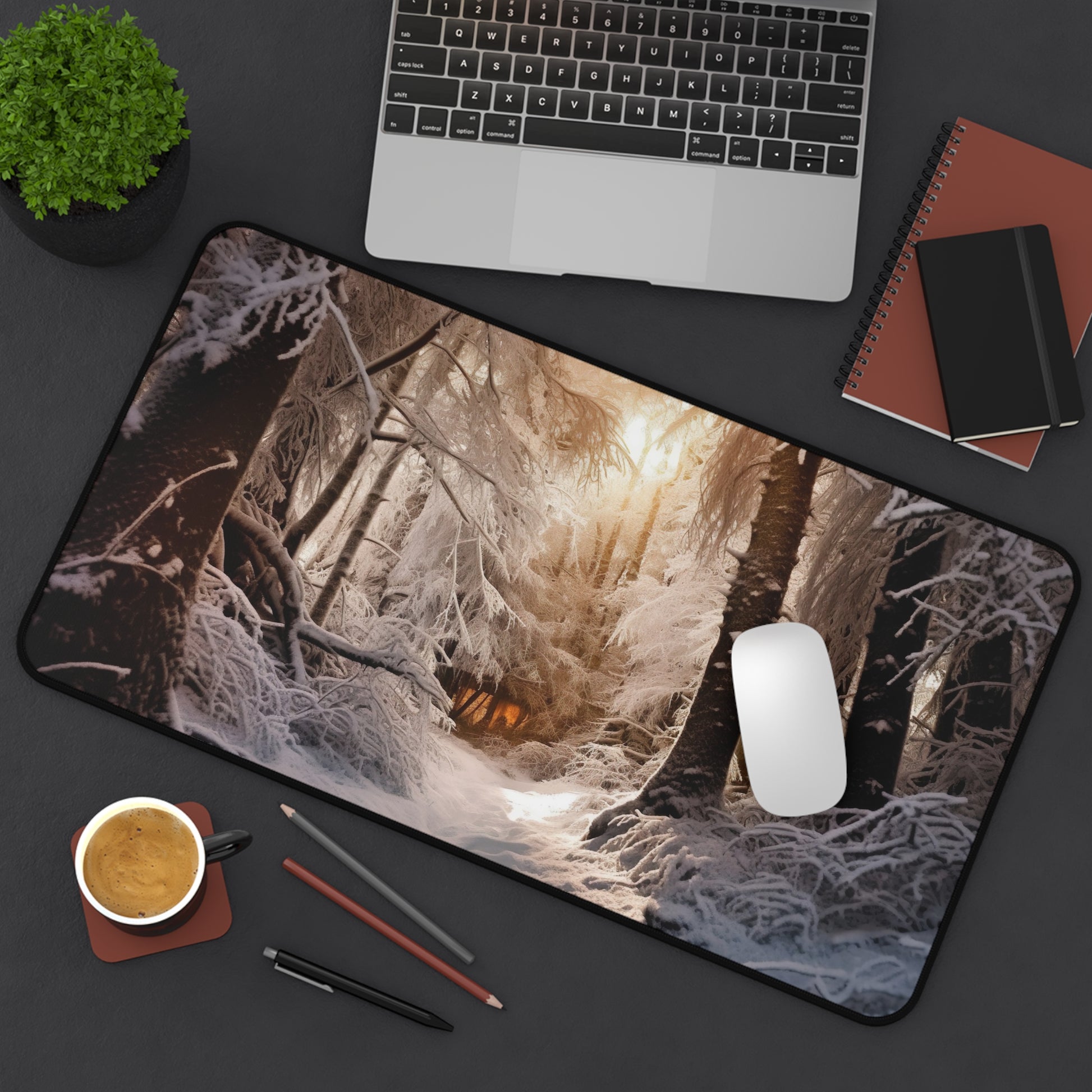 "Transform your workspace with Winter Forest Desk Mat - serene snow-covered forest scene for a calming atmosphere"