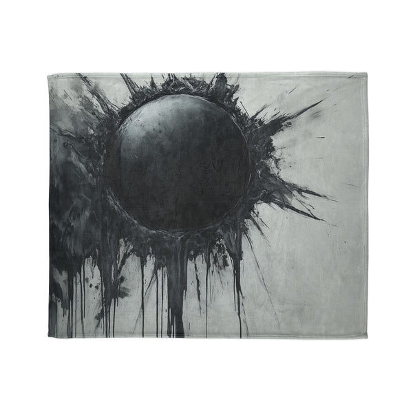 Ink Storm Dripping from Shattered Sun — Plush Fleece Throw Blanket — Draped Over Sofa & Bed Lifestyle View
