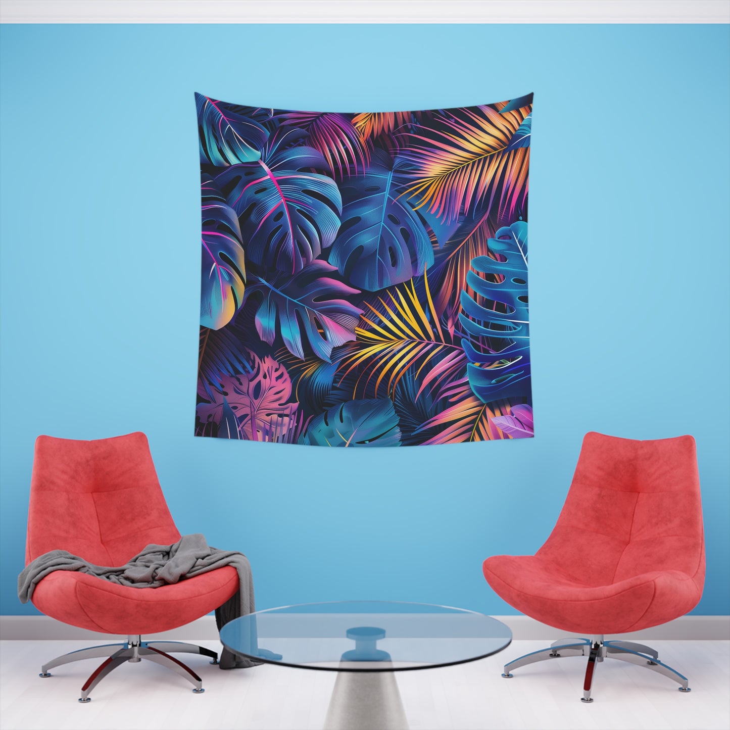 Tropical Glow: A Neon Botanical Tapestry | Wall Tapestry | All Over Print, AOP, Decor, Halloween, Home & Living, Home Decor, Indoor, Spring Essentials, Sublimation, Tapestry | Prints with Passion