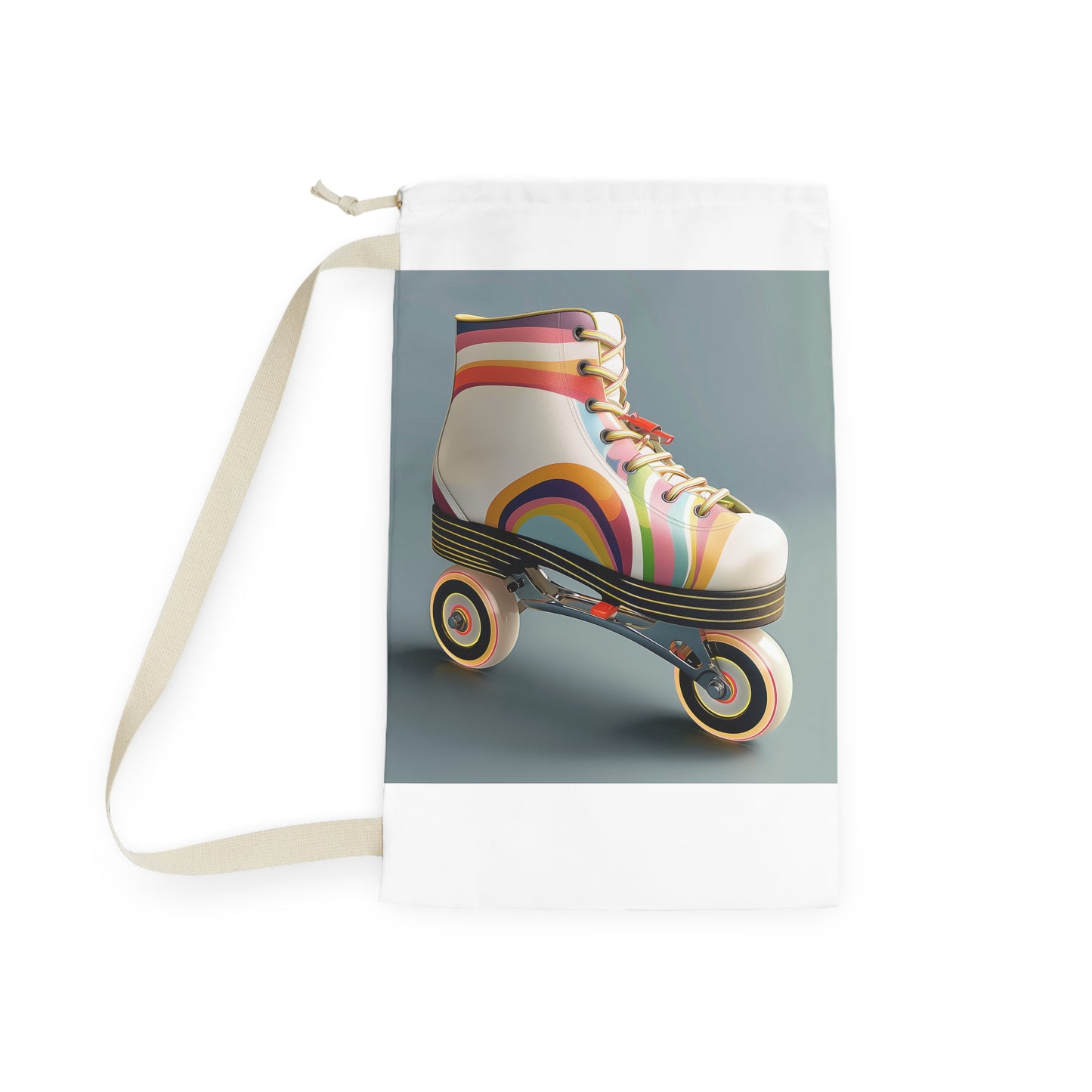 "Retro roller skate laundry bag with vibrant stripes for funky laundry routine"