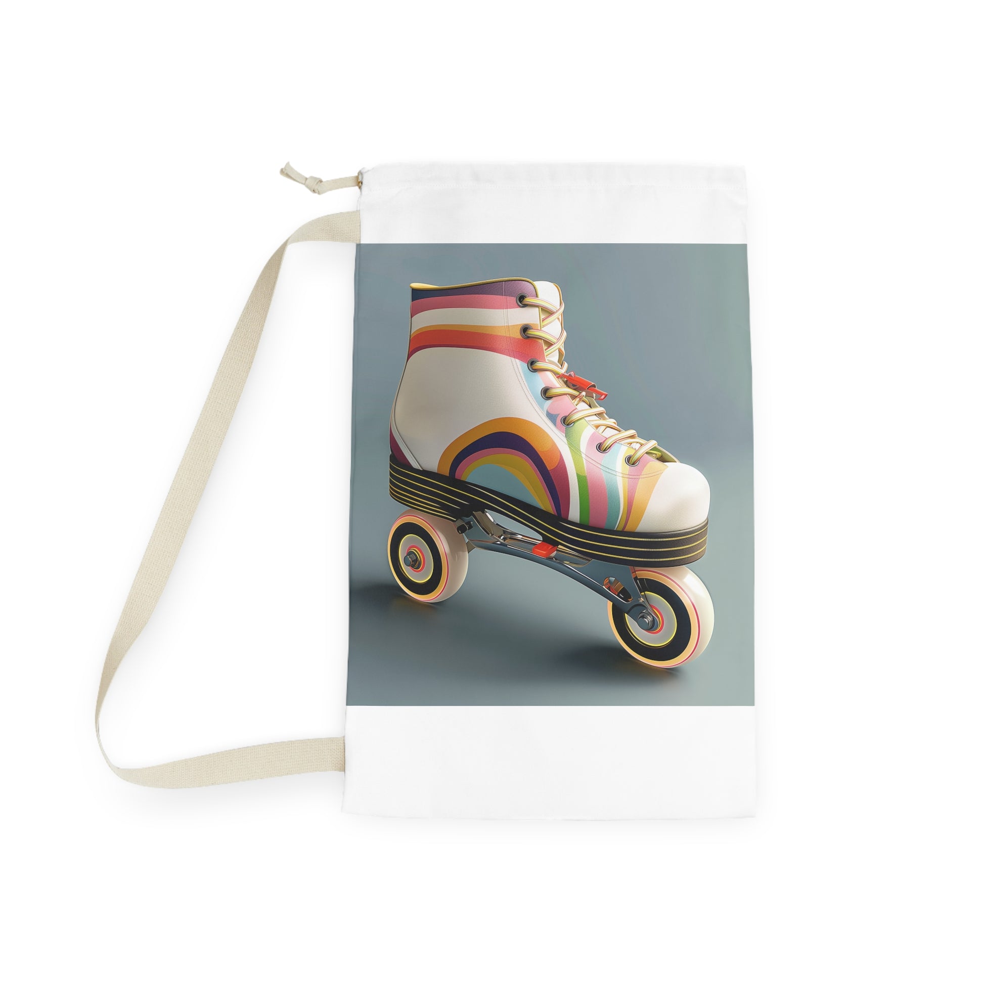 "Retro roller skate laundry bag with vibrant stripes for funky laundry routine"