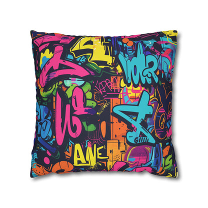 "Neon Graffiti Pillow Case - Bold and vibrant urban graffiti design in bright neon colors for a pop of style in your bedroom decor"