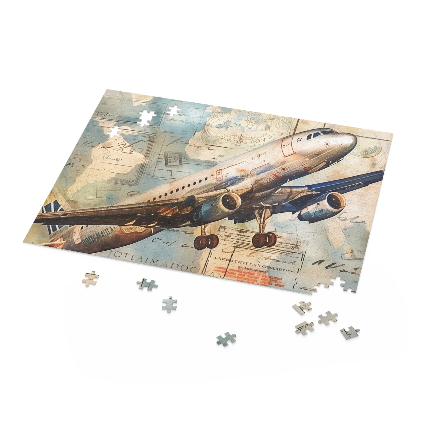 Vintage Airplane Travel Puzzle - Intricate travel stamps jigsaw for aviation enthusiasts.