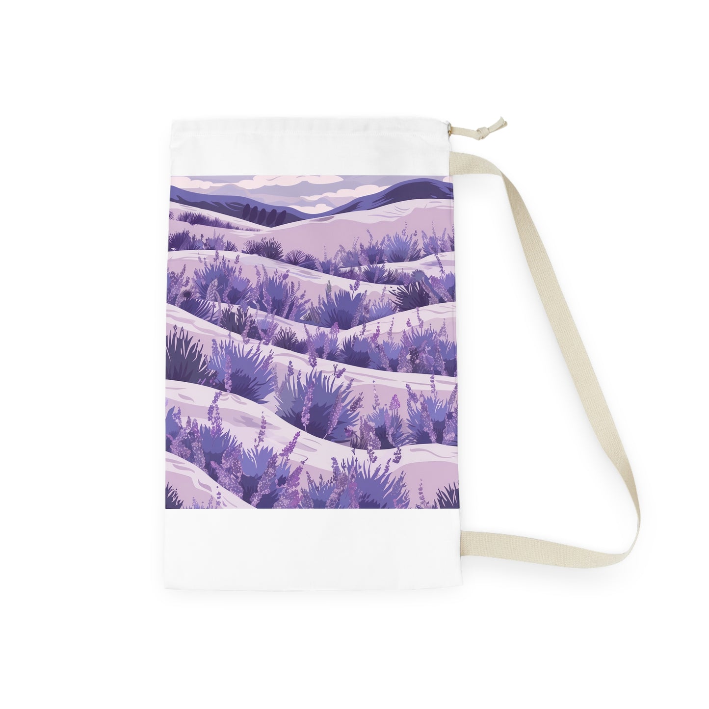 "Relaxing lavender fields laundry bag for stress-free laundry day"
