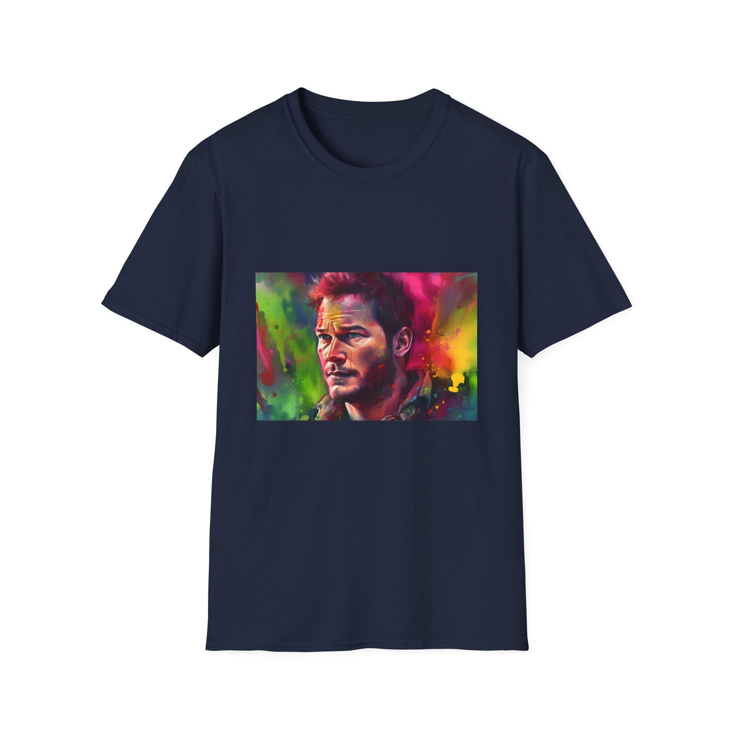 "Adventurous Spirit in Neon Hues T-shirt featuring Chris Pratt watercolor design"