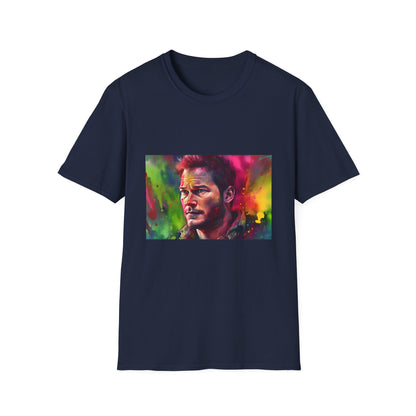 "Adventurous Spirit in Neon Hues T-shirt featuring Chris Pratt watercolor design"