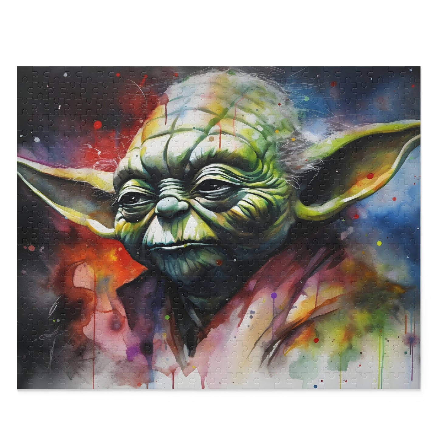 Yoda Neon Watercolor Puzzle - Vibrant Star Wars jigsaw puzzle for fans, challenge your mind with neon colors.