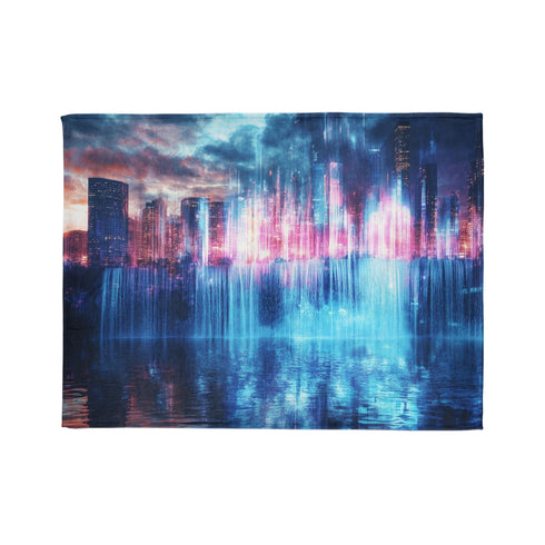 Digital Waterfall Cascading Across Skyline — Plush Fleece Throw Blanket — 300 GSM Plush Coral Fleece Texture Close-Up