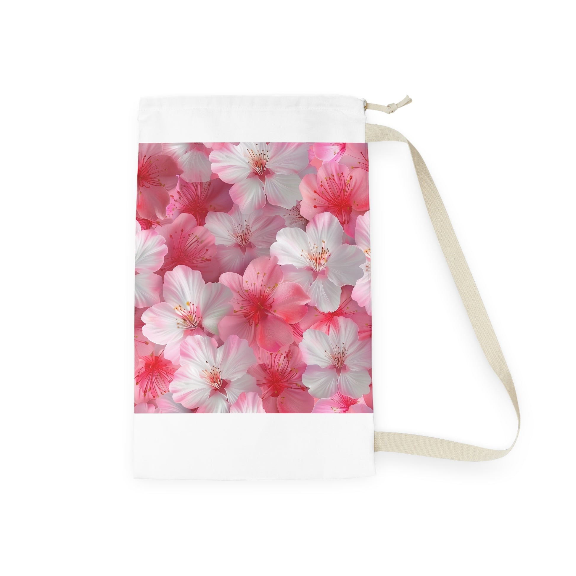 "Cherry Blossom Laundry Bag in pink and white floral pattern for elegant laundry routine"