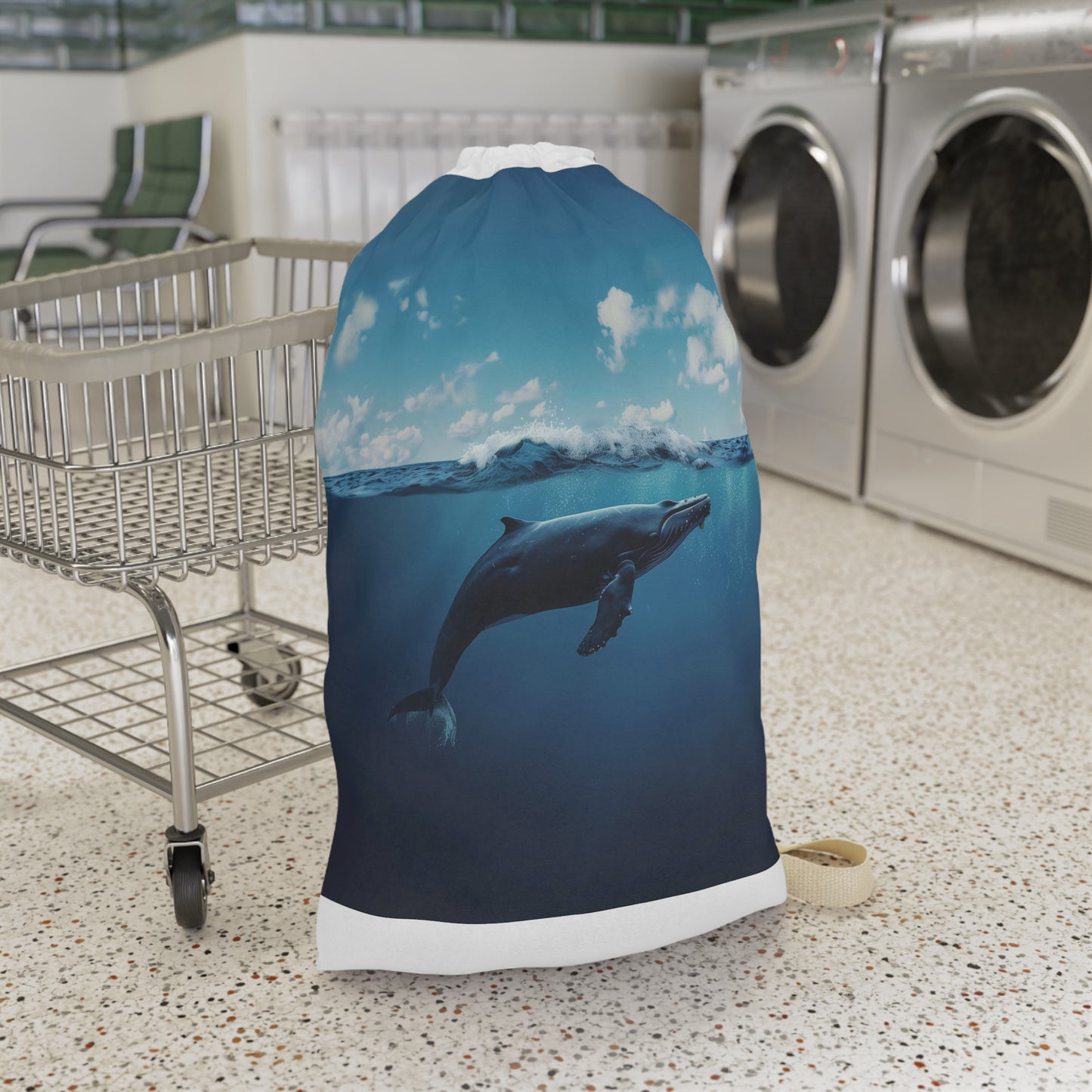 "Whale Ocean Laundry Bag - Serene whale design for elegant laundry organization"