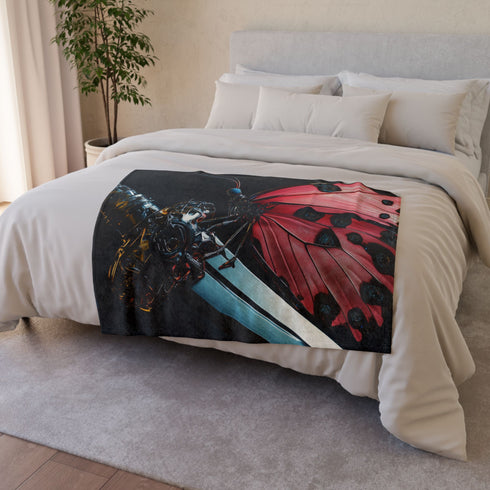 Cyborg Butterfly Perched on Sword Plush Fleece Throw Blanket