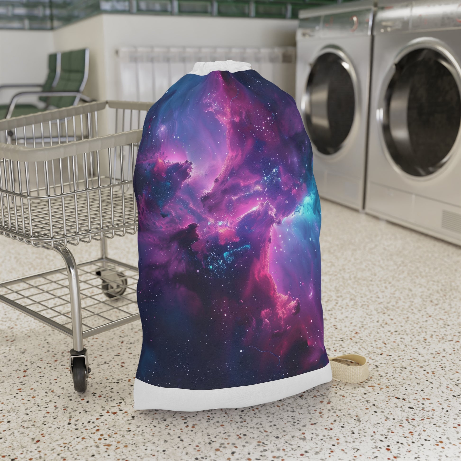 "Vibrant Neon Space Galaxy Laundry Bag - Keep laundry clean in style with colorful space design"