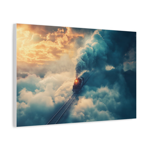 Train Riding Rails Through the Clouds — Canvas Wall Art — Side Profile & Stretched Corner Detail