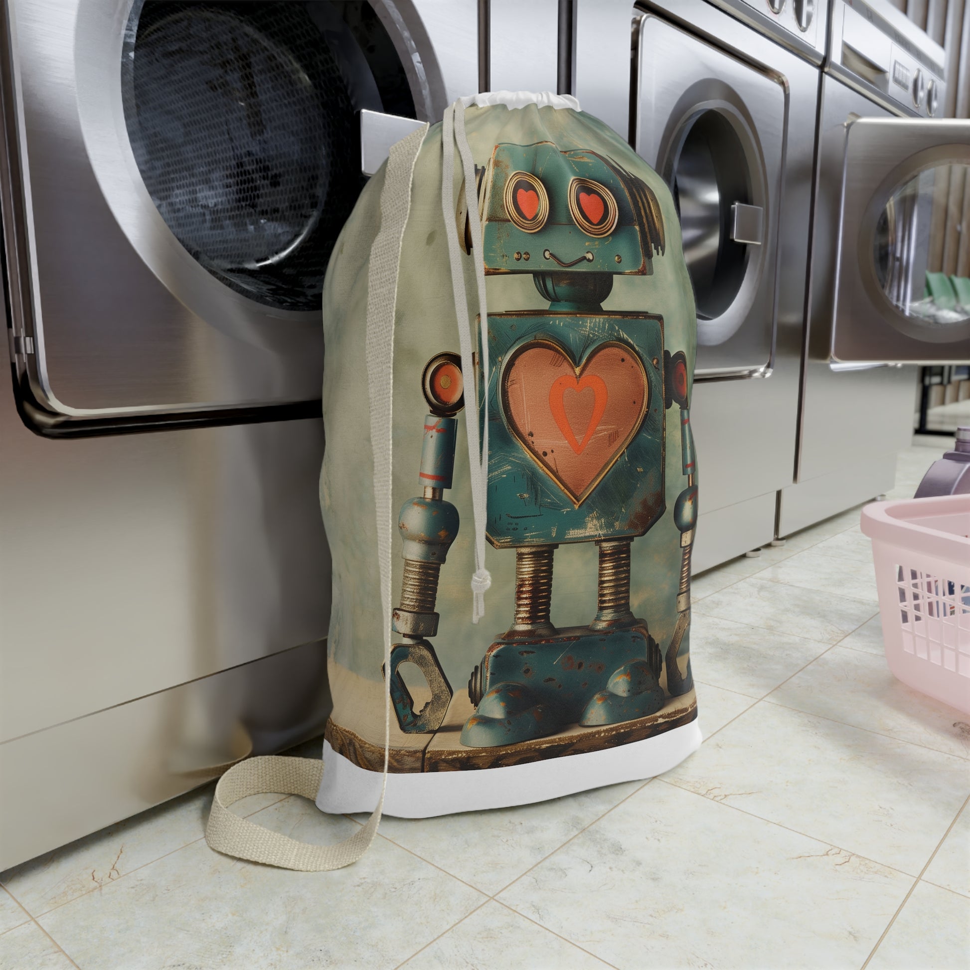 Retro Robot Love Laundry Bag | Home Decor | Accessories, All Over Print, AOP, Bags, Laundry, Sublimation | Prints with Passion