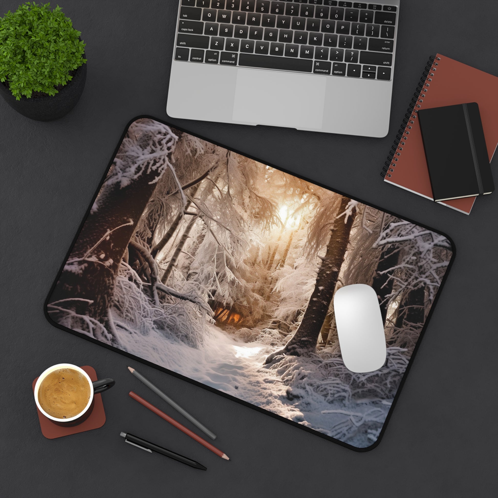 Winter Forest Desk Mat - Create a serene workspace with a snowy forest design for a calming atmosphere