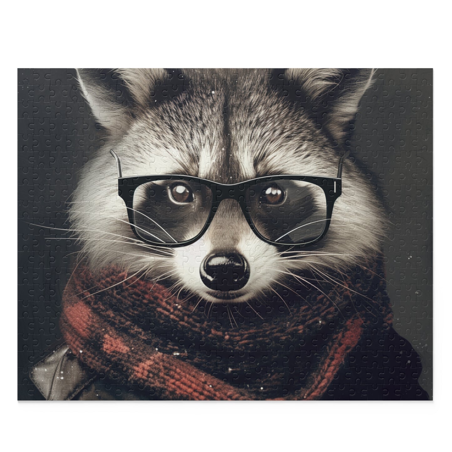 Whimsical raccoon hipster puzzle with trendy glasses design for puzzle lovers.