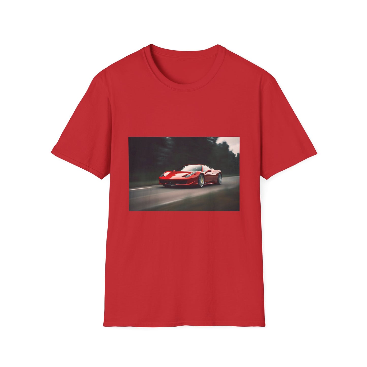 Alt text: "Adrenaline Rush on the Racing Circuit T-shirt featuring a vibrant image of a sleek Ferrari racing car in a burst of colors, embodying speed, precision, and raw power."