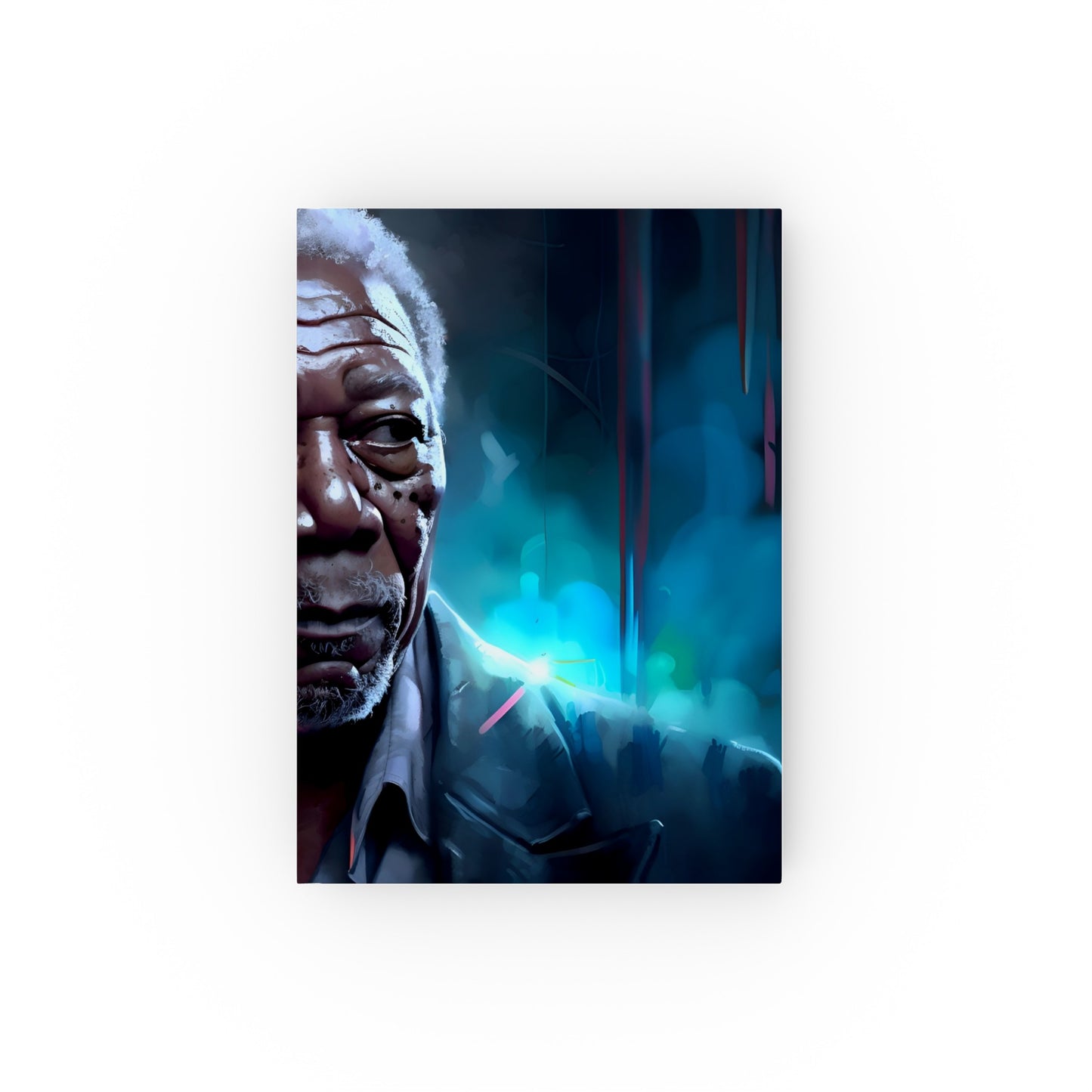 "Freeman's Frame: A Neon Celebration Journal - Vibrant watercolor portrait of Morgan Freeman, perfect for movie lovers and storytellers."