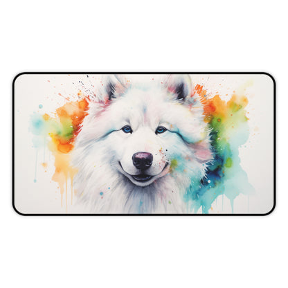 "Samoyed Watercolor Desk Mat - Bright and adorable puppy design to protect your workspace from scratches and spills"