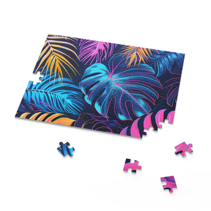 Glowing tropical paradise jigsaw puzzle with vibrant neon leaves and palm trees for a relaxing evening at home.