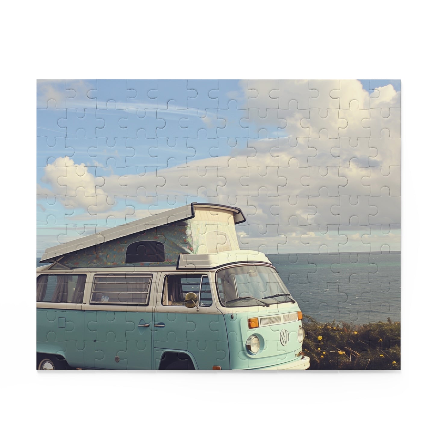 "Vintage Blue Seaside Camper Van Jigsaw Puzzle - Perfect for Beach Lovers"