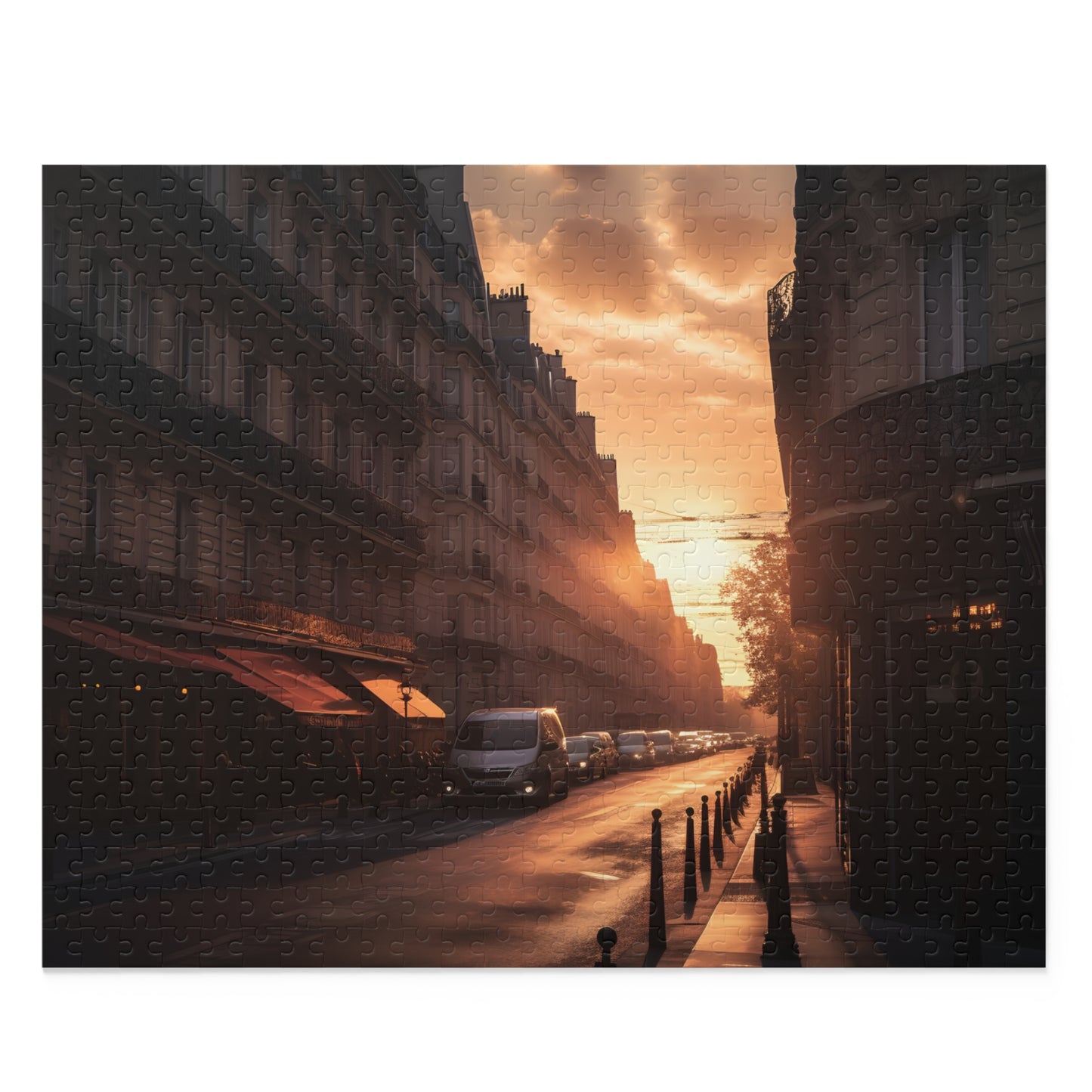 "Paris Streets Sunset Jigsaw Puzzle featuring iconic architecture and romantic atmosphere in the City of Light"