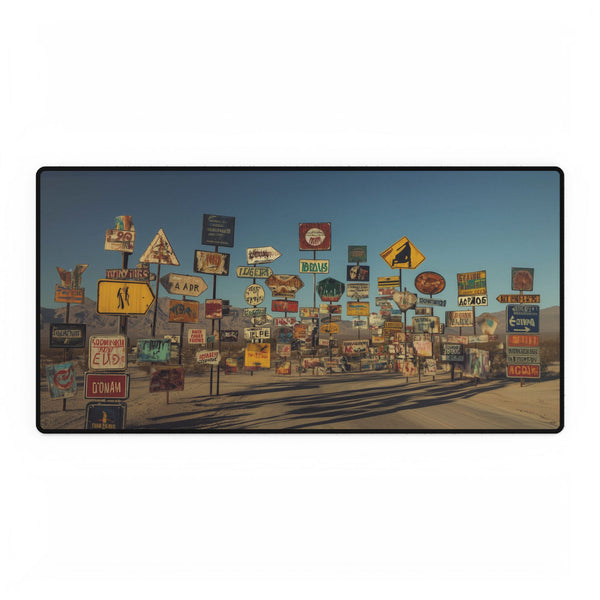 Desert Road with Endless Signs — XL & XXL Desk Mat — Full Top-Down Artwork View