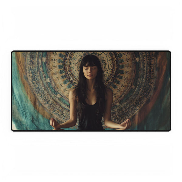 Woman Meditating Inside a Mandala — XL & XXL Desk Mat — Full Top-Down Artwork View