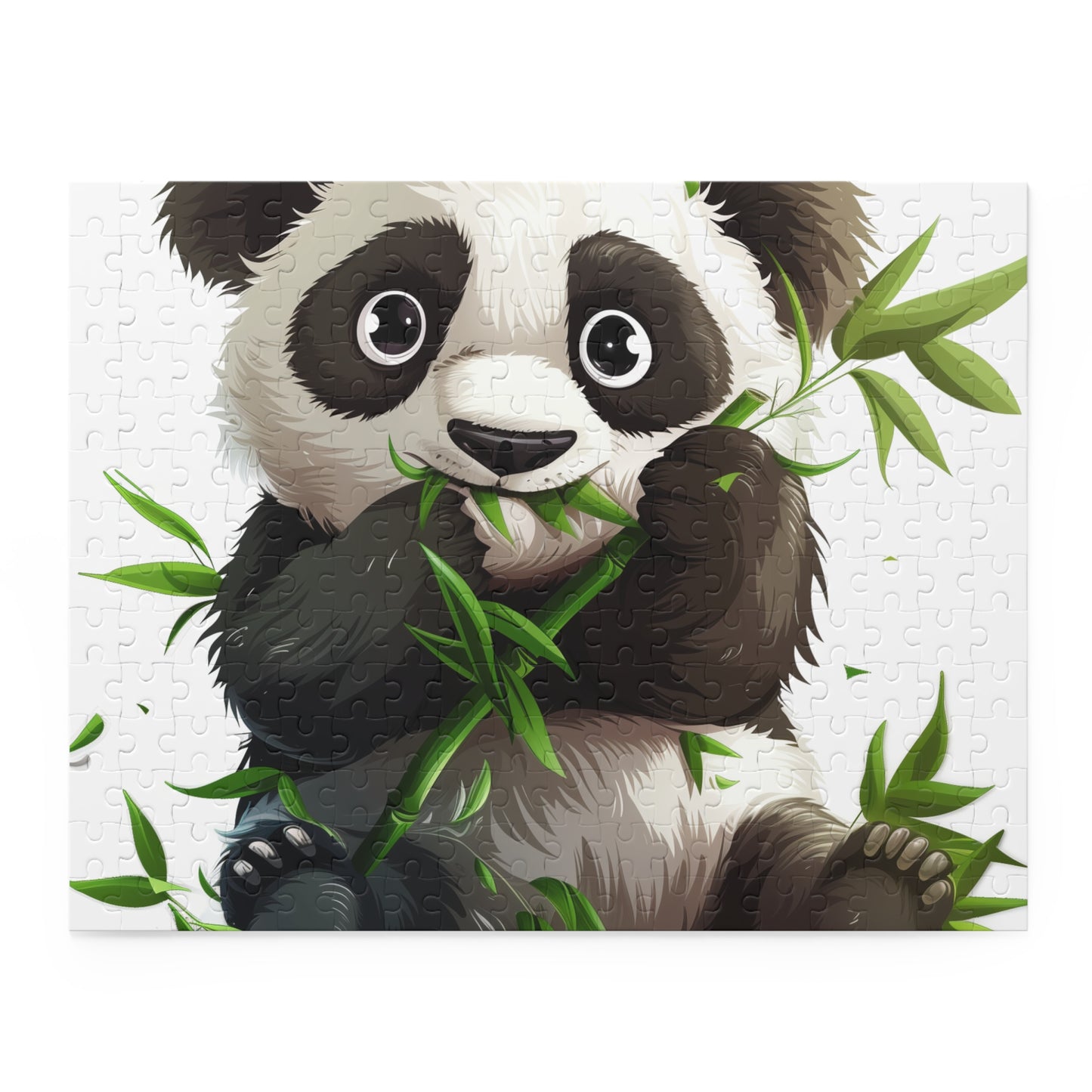 "Cute panda enjoying a bamboo feast in charming jigsaw puzzle for animal lovers"