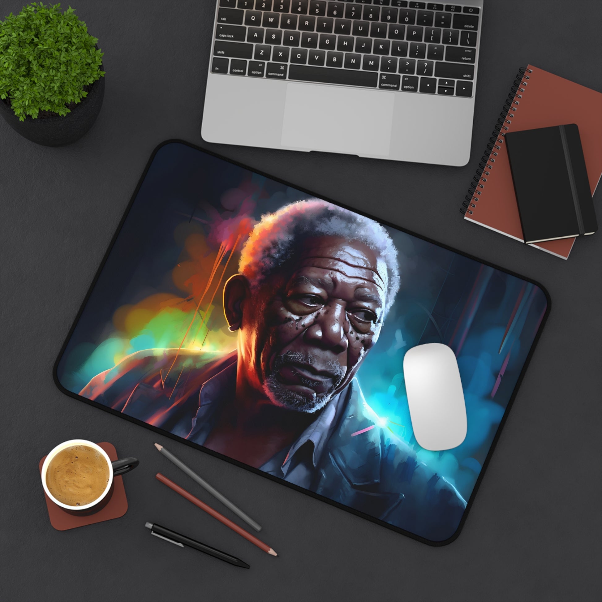 "Neon Freeman Desk Mat - Vibrant Morgan Freeman face design in stunning watercolor, perfect for brightening up your workspace. Elevate your desk decor now!"