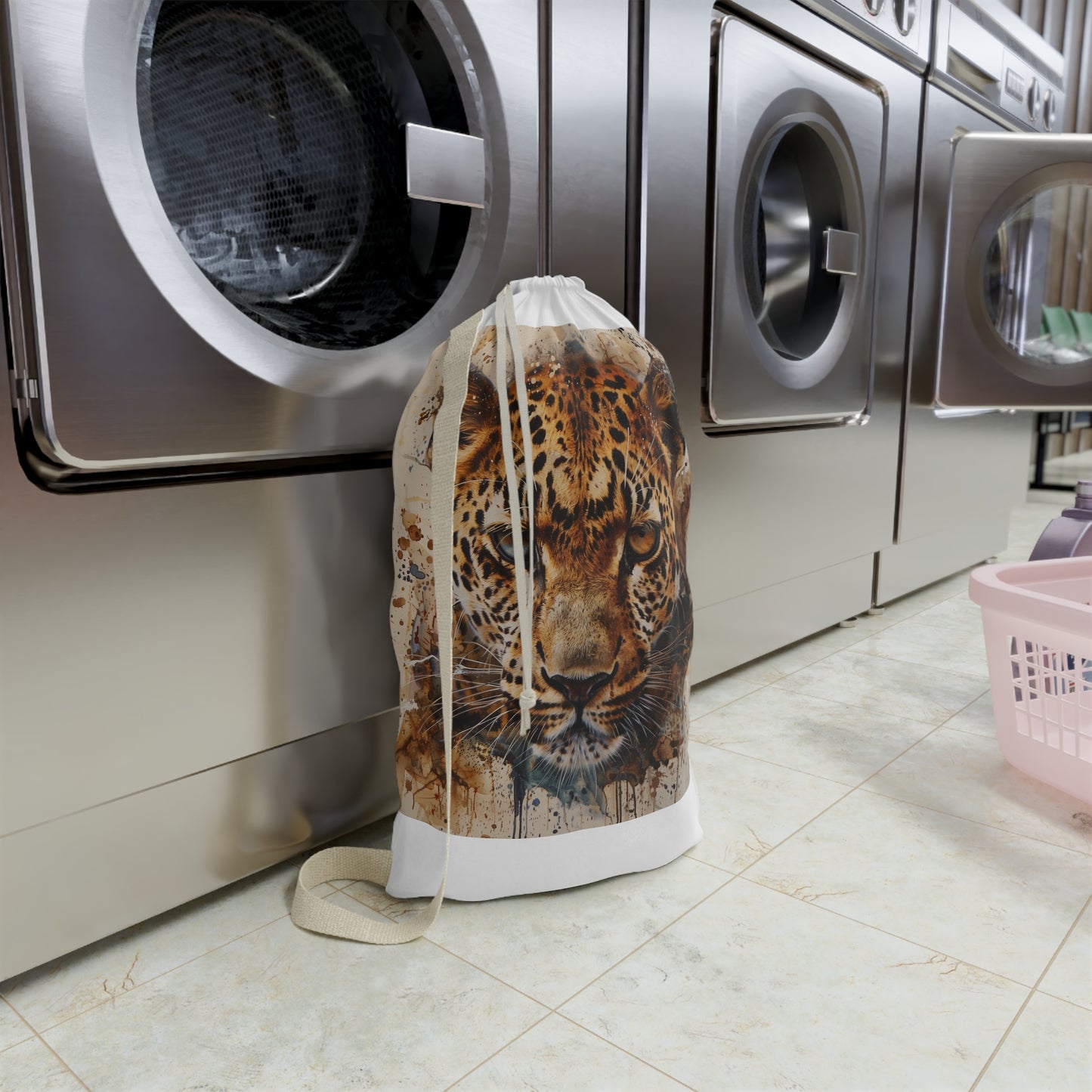 "Stylish cheetah print laundry bag, perfect for storing dirty clothes in safari-inspired fashion"