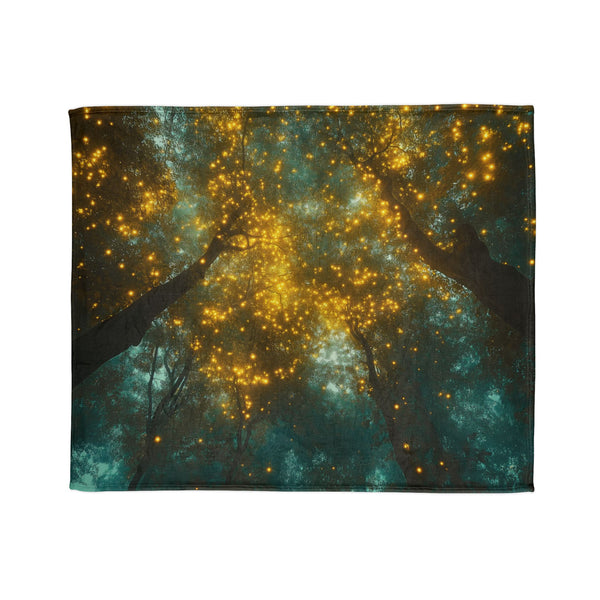 Tree Canopy Glowing Like City Lights — Plush Fleece Throw Blanket — Draped Over Sofa & Bed Lifestyle View