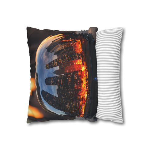 Mirror Helmet Reflecting City in Fire Double-Sided Square Cushion Cover