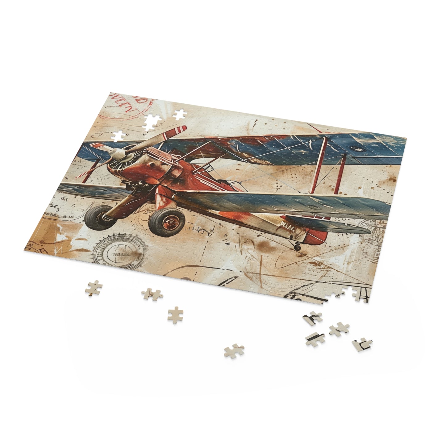 Vintage Airplane Travel Stamp Puzzle - 500 pieces of nostalgic bliss featuring colorful travel stamps. Perfect for aviation enthusiasts and travel lovers.