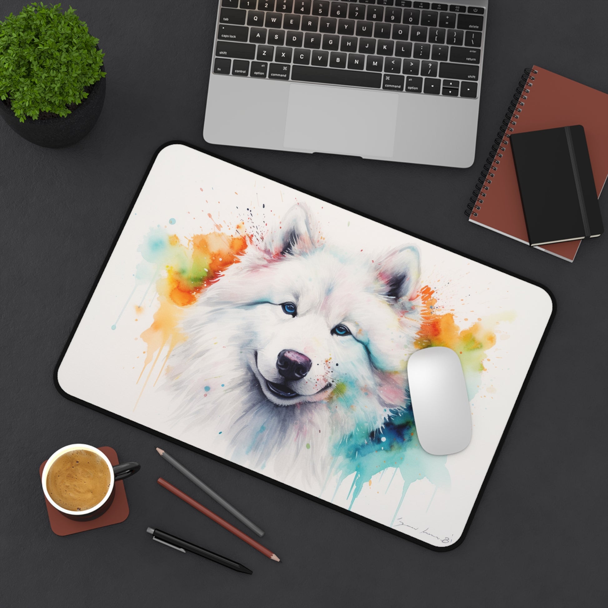 "Adorable Samoyed Watercolor Desk Mat - Brighten up your workspace with this cute and practical protective mat!"