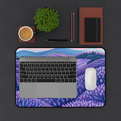 "Transform your workspace with Lavender Fields desk mat, featuring delicate flowers for tranquility"