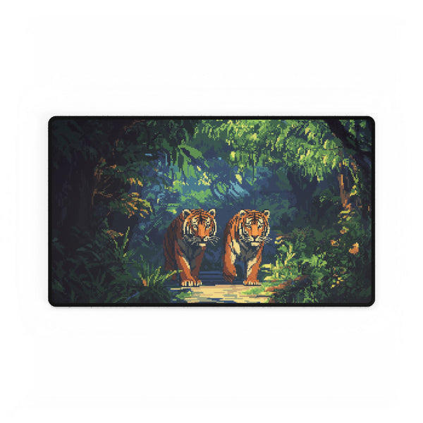Digital Jungle with Pixelated Tigers — XL & XXL Desk Mat — Gaming & Workspace Desk Setup View