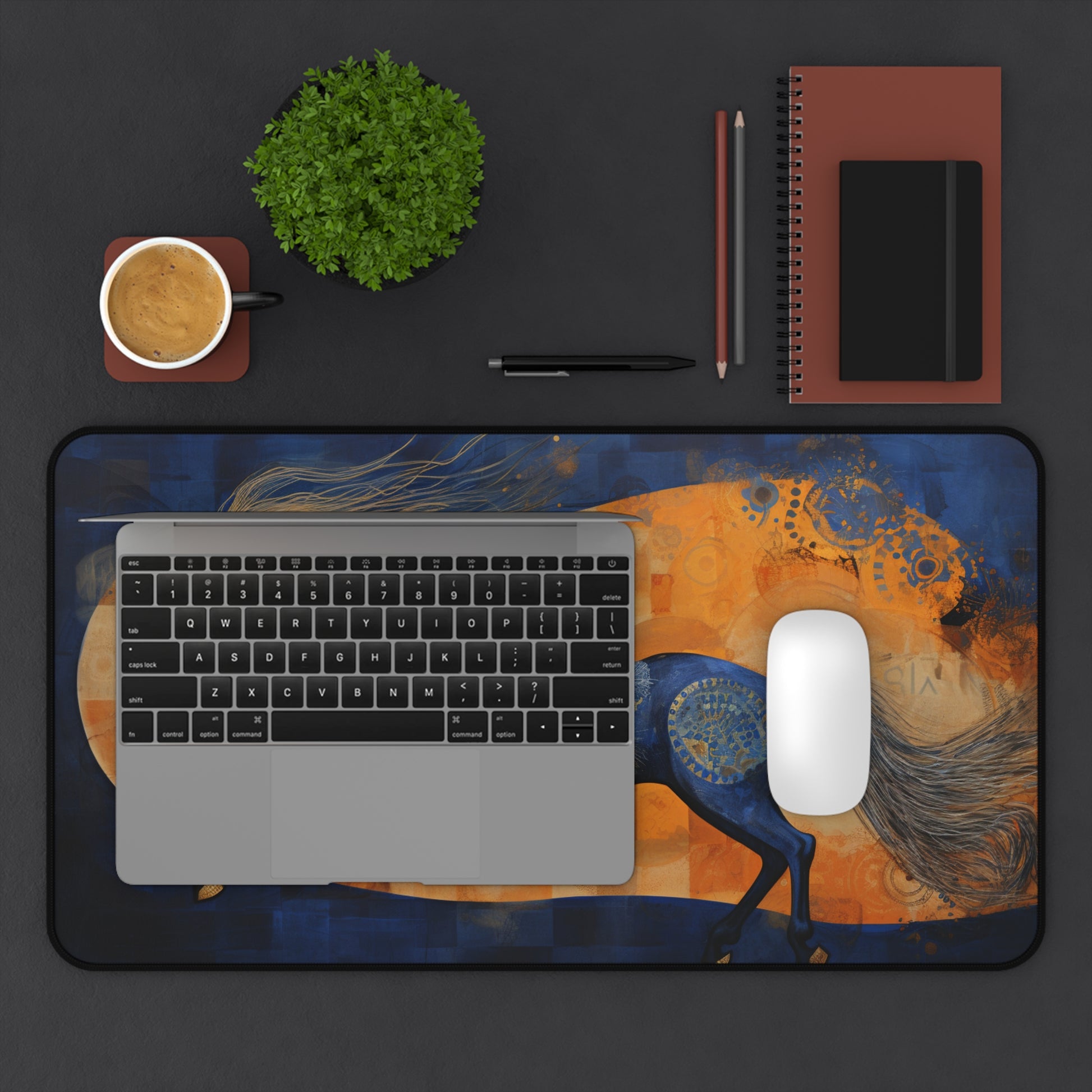 Abstract textured horse full body desk mat, elevate workspace with artistry and sophistication.