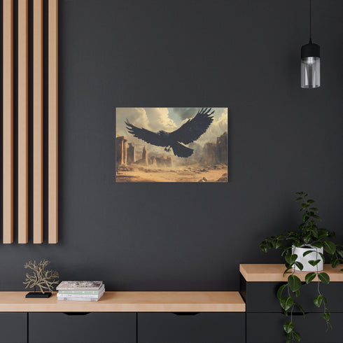 Giant Raven Flying over Desert Ruins Stretched Canvas Wall Art