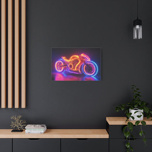 Retro Motorcycle with Neon Trail Stretched Canvas Wall Art