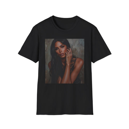 Unveiling the Enigma: The Alluring Canvas of Kim Kardashian | T-Shirt | Create a list numbered 1 to 10 of just relevant keywords for a tshirt of kim kardashian painting 2, do not mention anything about the product price or products dimensions and do not include # or | Prints with Passion